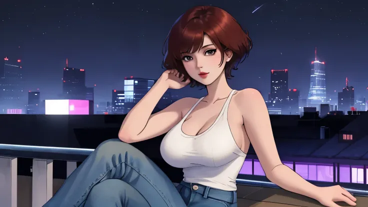 A Young girl short auburn hair with big breasts sitting on a ledge overlooking a city at night, sits on a rooftop, on a rooftop, anime girl wearing a fit and jeans, seductive anime girl, overlooking a modern city, city in the background, in a rooftop, sitt...