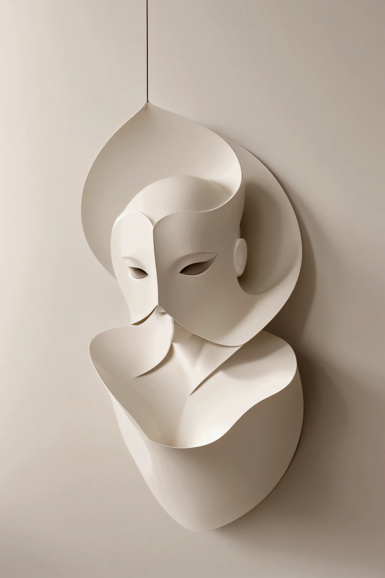 " in minimalist ,  art work in an abstract and modern design ,  ,  organic shapes .  placed in a flowing layout ,  white and light brown tones ,  detailed with soft shadows .  a beautiful woman These shapes reminiscent of the face are elegant {x} located o...