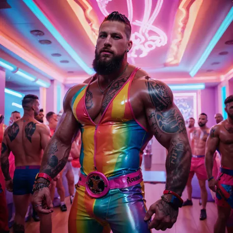 Roman Todd, mohawk, beard, diamond earrings, huge muscles, huge breasts, swollen nipples, rainbow latex, tatoos, highly detailed, photorealistic, 8K, HDR, 