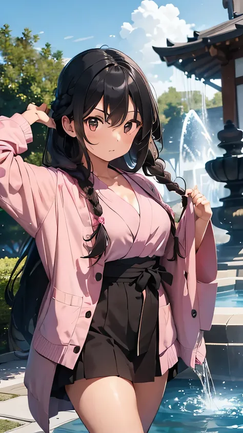 Girl with long, braided black hair. Light brown skin, Mexican. She is wearing a pink, flowered kimono with a neckline. Her legs are visible. Defiant look. Combat pose. In front of a large fountain.