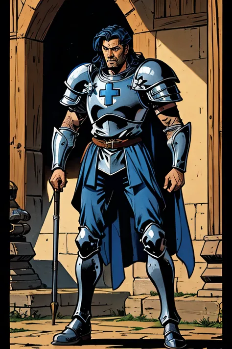 medieval knight in armor with a blue cross on his armor