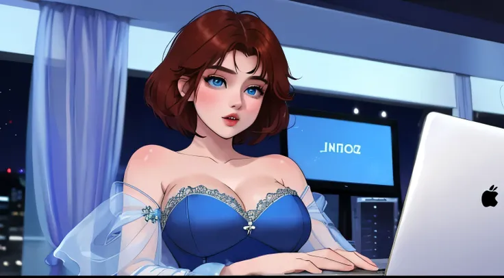 A Young girl short auburn hair with big breasts She is wearing blue silk dress ,blue eyes, sexy lips working night infront of laptop , watching on laptop Deep Focus