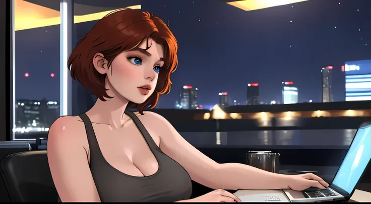 A Young girl short auburn hair with big breasts She is wearing brown tank top, blue eyes, sexy lips working night infront of laptop , watching on laptop deeply, side view angle, 8k, ultra realistic