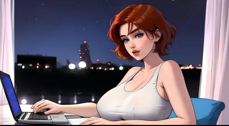 A Young girl short auburn hair with big breasts She is wearing white tank top, blue eyes, sexy lips working night infront of laptop , typing on laptop deeply, side view angle, 8k, ultra realistic