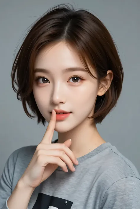 ((Extend the index finger of your right hand and attach it to the center of her lips),(front view),(8K Ultra HD、RAW PHOTO VOLUME UNVOLUME 、 model photo shoot、masterpiece, best quality , photoGenuineistic, Kampala , PHOTO VOLUME UNVOLUME : 1.3), concen...