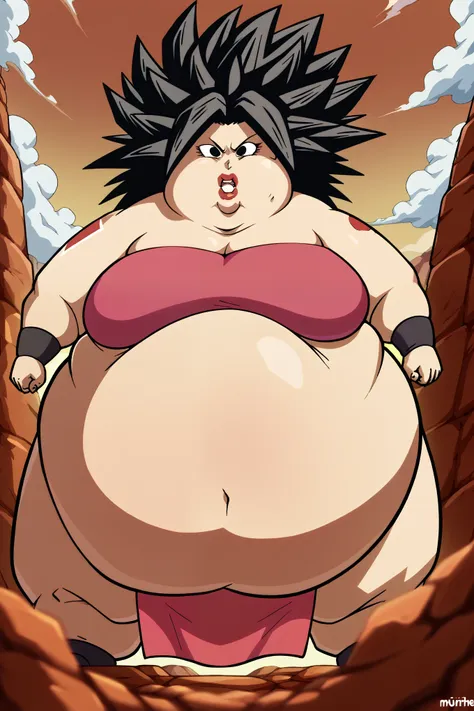 girl becoming a monster, becoming a troll, fat, chubby, obese, fabric clothes, loincloth , 1girl, caulifla, spiked hair, black h...