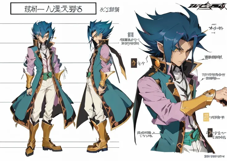 a drawing of a man in a long coat and a long sleeved shirt, best anime character design, anime character reference sheet, yugioh art style, yugioh style, anime character design, gurren lagan, official character art, ( ( character concept art ) ), yu - no, ...