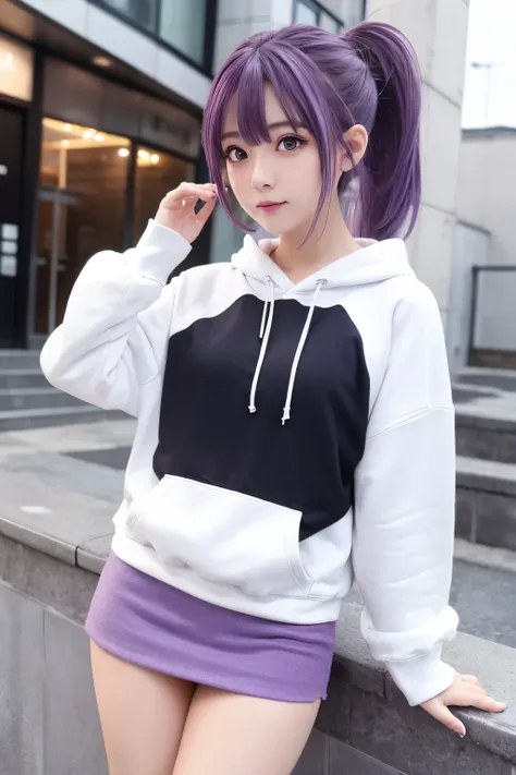  purple hair 、White Eyes､ hoodies 、Miniskirt、 ponytail、 anime style