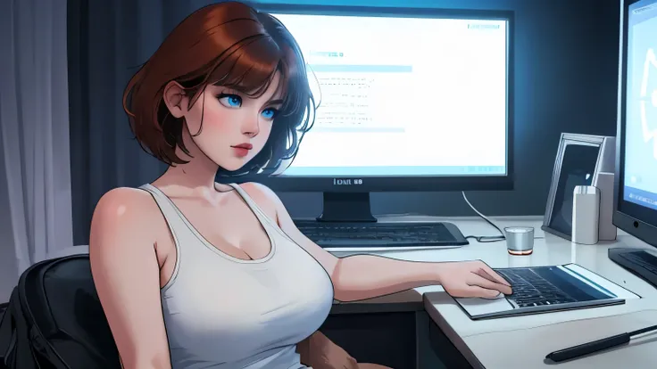 A Young girl short auburn hair with big breasts wearing a white tank top, sitting at a desk at night, illuminated by the glow of a laptop screen. She is typing on the keyboard with a focused expression, her blue eyes reflecting the light from the screen. T...