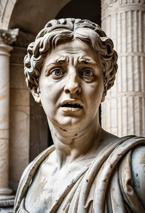 A Greco-Roman statue , With a scared face, surprise, wide eyes