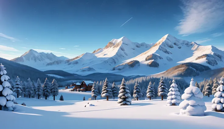 winter wasteland , beautiful sky , winter,  in the middle is a big U made of snow ,  on the right snowmen and little more trees,  in the background beautiful mountains ,  bright landscape super quality , 4K