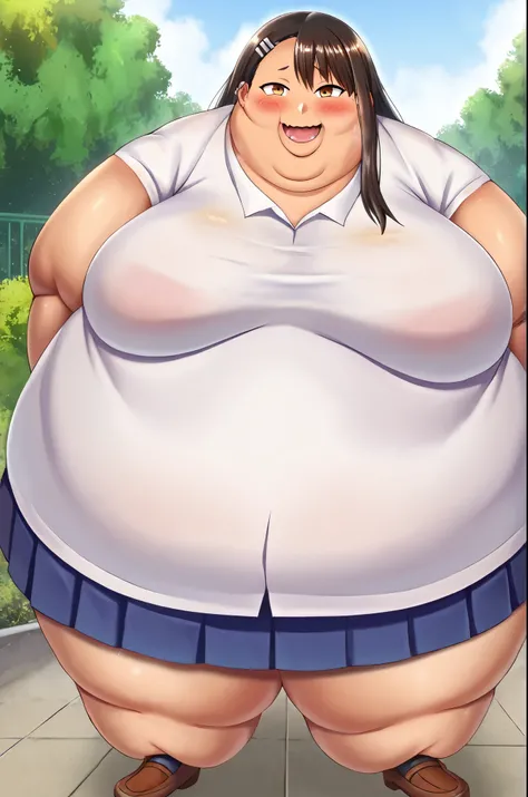 score_9, 
nagatoro hayase, white shirt, pleated skirt, tan, 
standing, facing viewer, looking at viewer, arms behind back, smile, blush, cowboy shot, 
outdoors, school, 
high resolution, Masterpiece fat, chubby, obese, gigantic arms and legs, large breasts...