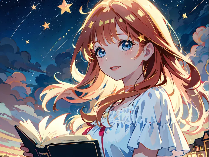 sky, star (sky), scenery, light blue sky, 1girl, solo, magical photography, ultra-detailed, 4k, Depth of field, High-resolution, , night, starry night sky, starts made of iridescent tears, best quality)), ((masterpiece)), (detailed), perfect face, 1girl, n...