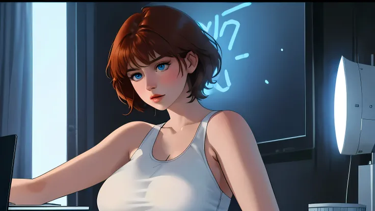 A Young girl short auburn hair with big breasts wearing a white tank top, sitting at a desk at night, illuminated by the glow of a laptop screen. She is typing on the keyboard with a focused expression, her blue eyes reflecting the light from the screen. T...