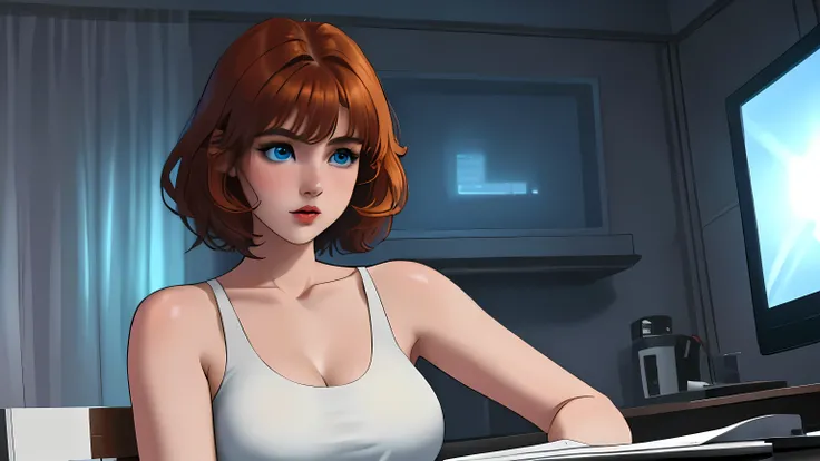 A Young girl short auburn hair with big breasts wearing a white tank top, sitting at a desk at night, illuminated by the glow of a laptop screen. She is typing on the keyboard with a focused expression, her blue eyes reflecting the light from the screen. T...