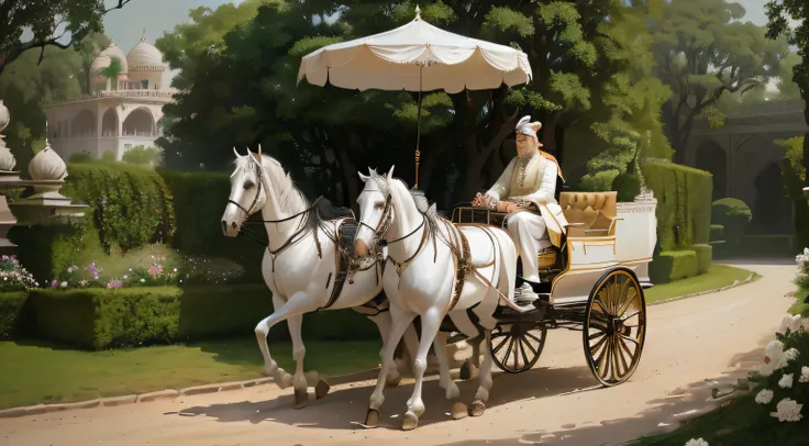 there is wearing a crown king riding in a horse drawn carriage with two horses, dressed in a jodhpuri suit, carriages with horses, an all white horse, in a flowing white tailcoat, carriage, by Robert Brackman, indian empress, mogul khan, with horse driven,...