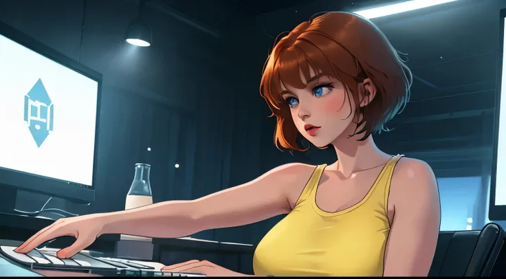 A Young girl short auburn hair with big breasts wearing a yellow tank top, sitting at a desk at night, illuminated by the glow of a laptop screen. She is typing on the keyboard with a focused expression, her blue eyes reflecting the light from the screen. ...