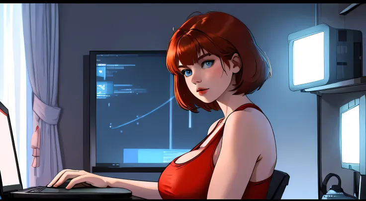 A Young girl short auburn hair with big breasts wearing a red tank top, sitting at a desk at night, illuminated by the glow of a laptop screen. She is typing on the keyboard with a focused expression, her blue eyes reflecting the light from the screen. The...