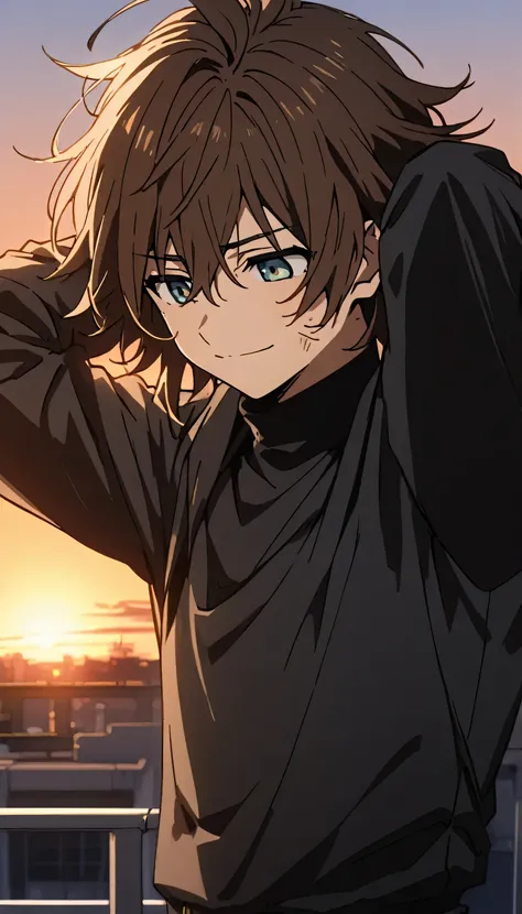 a man brown messy medium lenght hair, black hoodie (black turtleneck under uniform), at rooftop with sunset behind, hands behind...