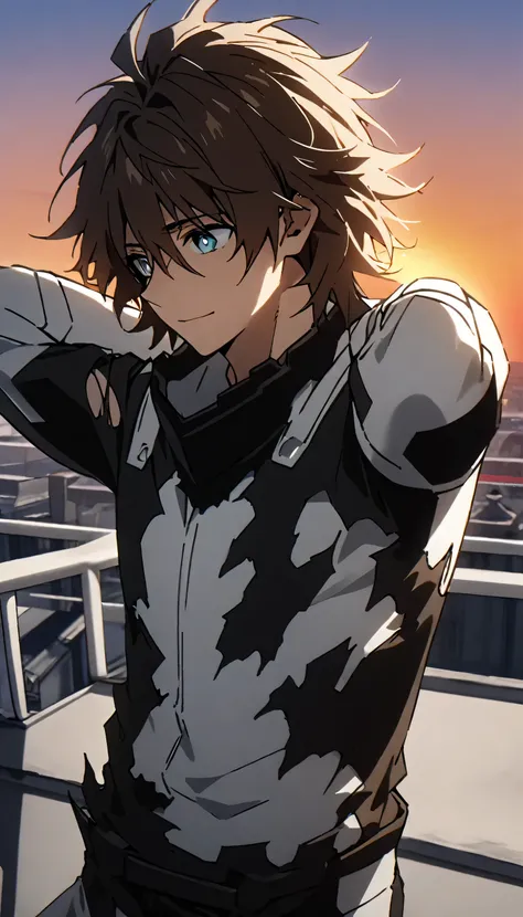 a man (adult) brown messy medium lenght hair, black white hero suit ((torn  suit)more black, less white), at rooftop with sunset...