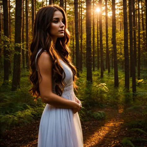 Beautiful mystical woman with brown hair, in a beautiful forest enjoying the sunset  