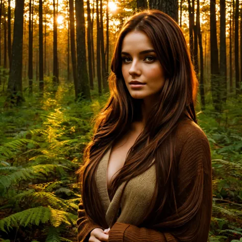 Beautiful mystical woman with brown hair, in a beautiful forest enjoying the sunset  