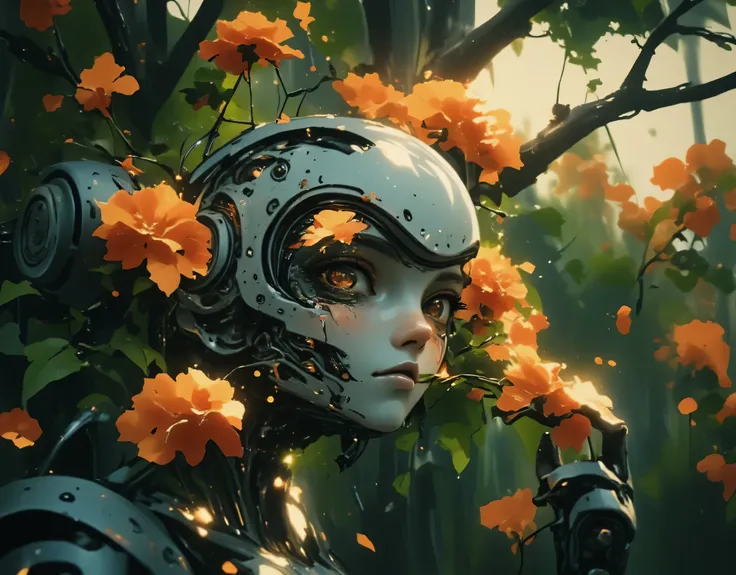  a close up of a robot with a flower in its mouth,  digital art inspired by Beeple ,  trend in polycount , arte digital,  humanoids covered in flowers , Stylized 3D Render,  Beeple rendered in 3D , Nice 3D rendering, robot lindo, robot photography , Styliz...