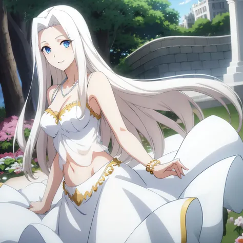 Irisviel,WHITE midriff sheer dress sleeveless,solo,looking at viewer,beautiful smile,arm at side,Middle large size of breasts,beautiful jewelry necklace,pearls necklace,bracelet,high quality,embroidery on dress,Very feminine irisviel looking,,soo white ski...