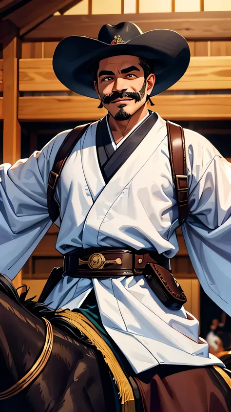 Mexican man with charro hat. Black mustache. Smiling. Dressed in white kimono. Battle pose. Inside a ranch with horses.