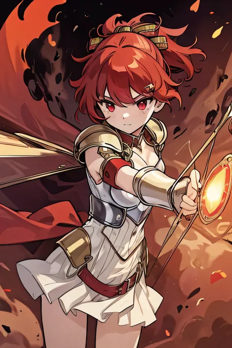 (best quality, 4K, 8k, Ultra high resolution, piece of master: 1.2),  , an 18 year old girl, Red hair and red eyes, Wearing light red armor, holding a flaming bow and flaming arrow.