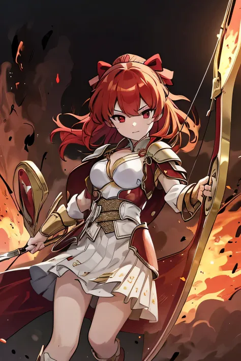 (best quality, 4K, 8k, Ultra high resolution, piece of master: 1.2),  , an 18 year old girl, Red hair and red eyes, Wearing light red armor, holding a flaming bow and flaming arrow.