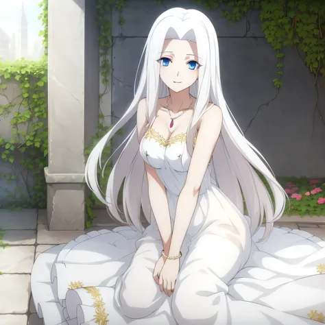 Irisviel,WHITE sheer dress sleeveless,solo,looking at viewer,beautiful smile,arm at side,Middle large size of breasts,beautiful jewelry necklace,pearls necklace,bracelet,high quality,embroidery on dress,Very feminine irisviel looking,,soo white skins,4k,60...