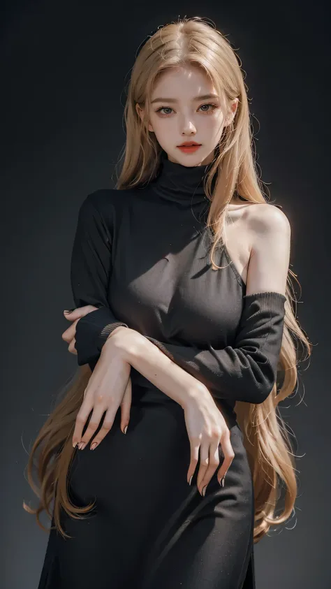 Girl wearing, luxury black coat, turtle neck collar , shoulder length hair, wavy hair, glowing skin, star in eye, red lips, beautiful background, cute poses , upper body, light blonde hair, sweater inside, turtle neck collar design, sleeve less sweater ins...