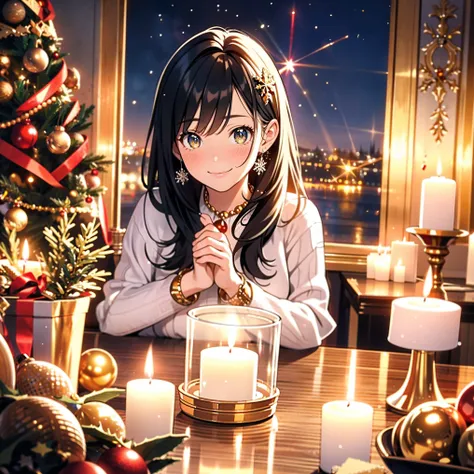 ( best quality,4K,8k, high definition ,masterpiece:1.2), 1 girl,  super detailed,Realistic, table,  Christmas tree ,Decoration, present,Holiday spirit, bright color ,Warm lighting, cozy vibe , candles,Snowflakes,Joy,celebration, Exquisite Details , Excitin...