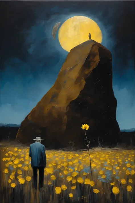 Sidney Nolan Style - A surrealism abstract oil painting capturing a giant brown rock, a  weak old man standing and a withered white flower in the foreground, contrasting against a dark, deep night sky with a yellow moon. Oil painting inspired by the works ...