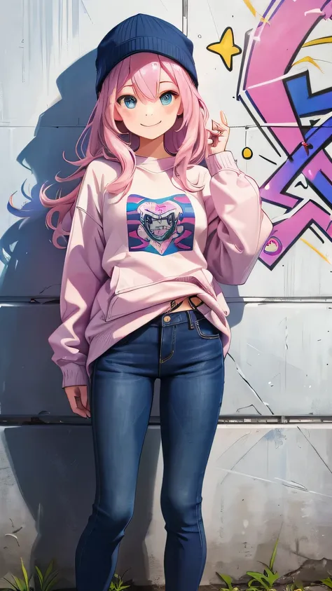 Girl from the neighborhood, tattoos on her body. Smiling. Wearing a sweatshirt with a hat on. Blue jeans. In front of a wall with graffiti. Long wavy pink hair.