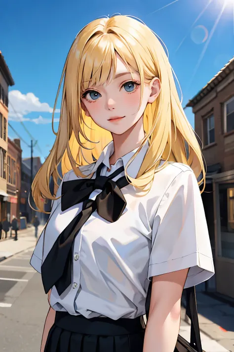 Cute Sara Watson girl blonde hair black school uniform upper body shot outdoor sunlight background