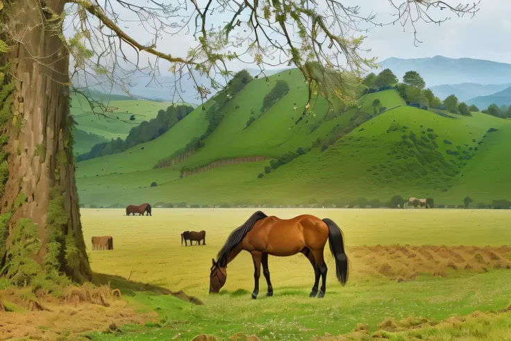 there is a horse that is eating grass in the field, horse in background, the see horse valley, beautiful serene horse, green pastures stretch for miles, equine photography, horse is up on its hind legs, equine photo, horse is up on its hindlegs, horse, bea...