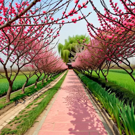 the east wind picks up the spring clothes, and walks to find fragrance and returns. the red-mirrored peach blossoms smile, and t...