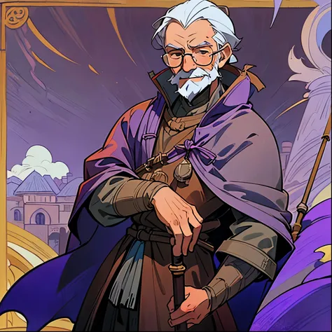 (best quality, masterpiece), solo man, elderly, scruffy gray hair, gray beard, squinting brown eyes, spectacles, smiling, wearing a purple cloak, ((leaning on a cane)), (((village background))), standing