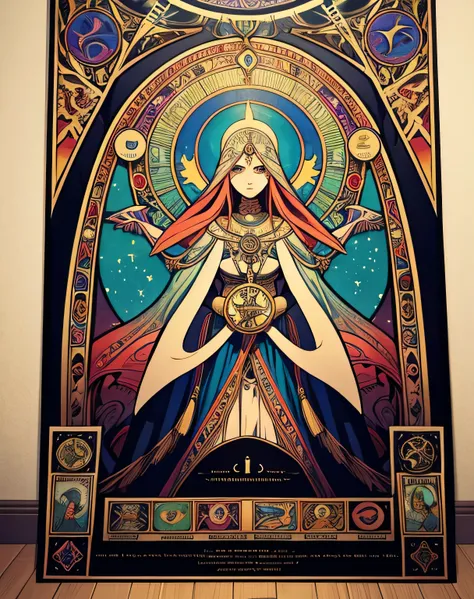 poster that covers the entire image, poster in multiple shades of colors,  poster with multiple tarot symbols,  very esoteric, Very mystical ,