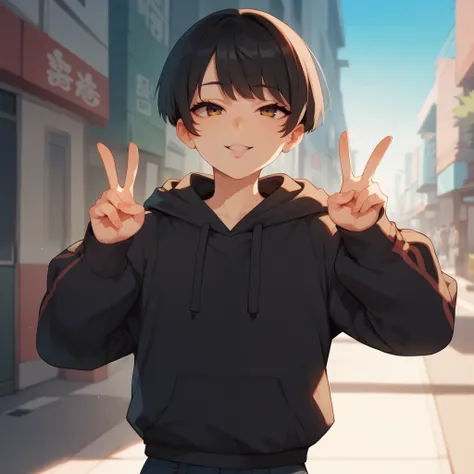 1boy, femboy, slim body, japanese, short black hair, straight bangs, brown eyes, wearing black hoodie, in tokyo city, v pose