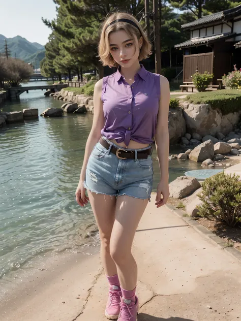 1 woman, mature woman, solo, NOT DASHA TARAN, full body standing, perfect body, best quality, 32k, photograph, full body (head to toe), tone mapping, ((houjou satoko,short hair,black hairband,blonde hair,violet eyes,hair between eyes,collared shirt,sleevel...