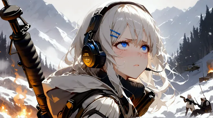 a girl with silver hair  , with blue eyes , gold-engraved hair clip   ,  long straight hair , mole under left eye, earphone walk...