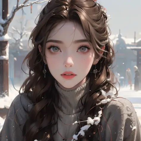 (raw photo:1.2), (photorealistic:1.4), adult, make up, grey with brown hair, thick dressed, details, loose hair, very fashion ancient, colorfoul, winter, snow, 