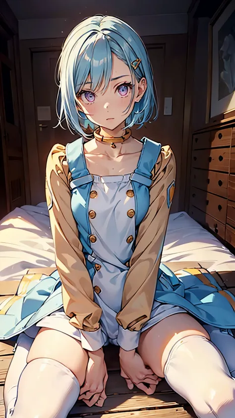 Eureka ,  1 girl,  choker, Short light blue hair,  hair clips,  purple eyes,  white and blue dress,  Long Sleeve ,  white and blue boots, ( upper body:1.3),, is sitting,( spread your legs:1.3),( and raise your leg),( camel toe:1.3), masterpiece, noise redu...