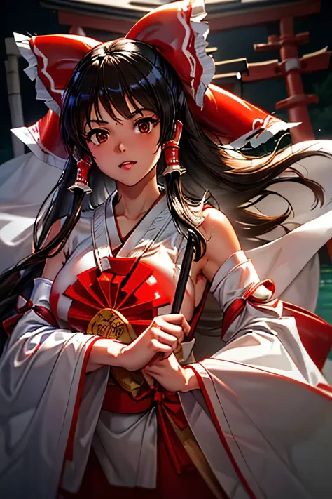  perfect anatomy 　 best quality, highest resolution,(((white latex shrine maiden costume　 Brown Eyes 　Black Hair　sweat)))　 detachable sleeve　Reimu Hakurei　[blurry]　16k