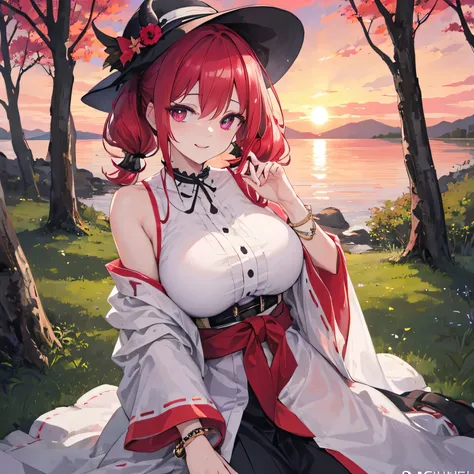 large lake with trees and vegetation
warm sunset scattered with volumetric clouds
Satanichia McDowell leaning on a tree 
Relaxed beautiful face showing
her beautiful smile dressed beautifully
with comfortable and simple clothes 
Magenta eyes semi-long red ...