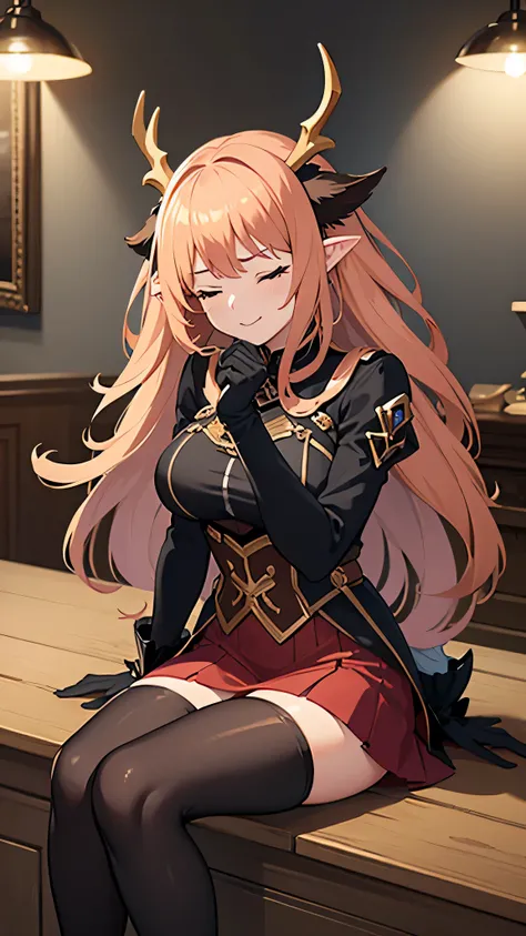  masterpiece ,  The best quality,, GBF date ,  black gloves ,  thigh-length black tights, cable, draph, rests, antlers,  big breasts, long hair,  pointy ears , mini skirt, red skirt,, interior, pastel, happy,  eyes closed 