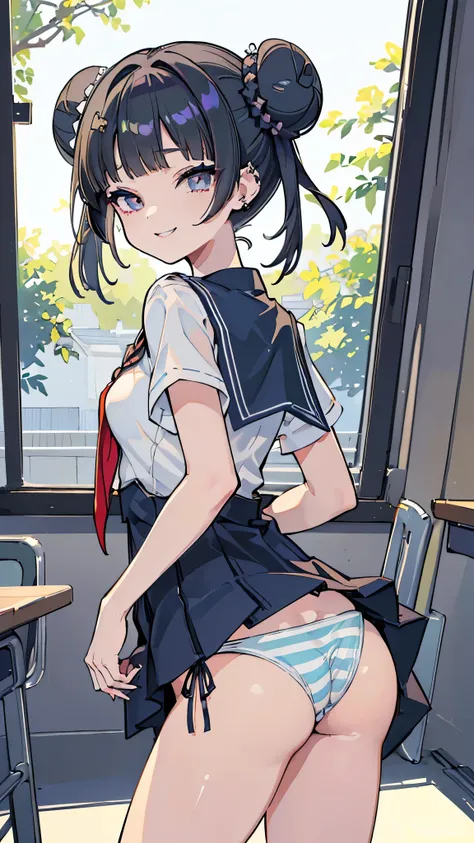 ((masterpiece、 best quality、 Very detailed))、 one girl who is at ease、 black hair、 short hair on the side of the uniform、((double bun))、blunt bangs、 gray eyes、evil smile、((lots of piercing))、 smaller breasts、(( sailor suit ))、((light blue stripe panties))、...